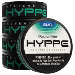 Glacier Mint Hyppe Nicotine Pouches can with cool mint-themed graphics on white background. - 5 pack by Vape4Less.