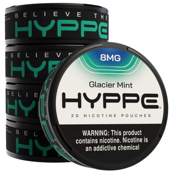 Glacier Mint Hyppe Nicotine Pouches can with cool mint-themed graphics on white background. - 5 pack by Vape4Less.