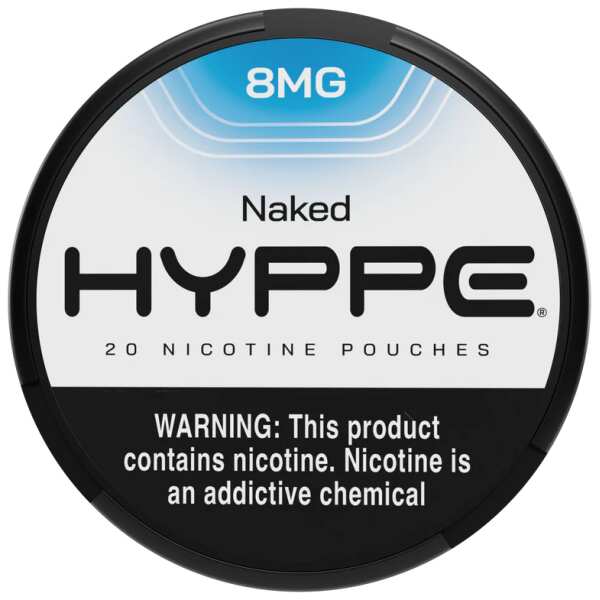 A Naked 8mg Hyppe Nicotine Pouches can with clean minimalist design on white background. by Vape4Less.