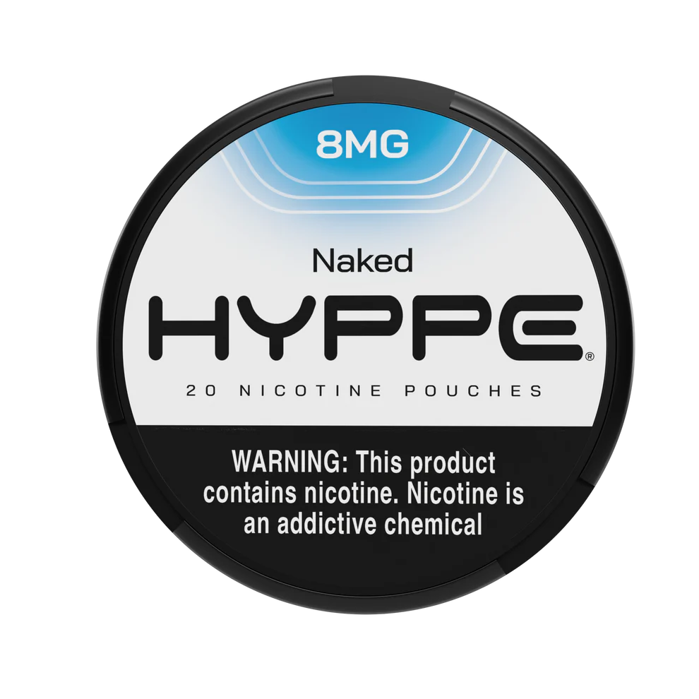 A Naked 8mg Hyppe Nicotine Pouches can with clean minimalist design on white background. by Vape4Less.