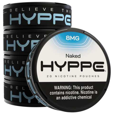 Naked Hyppe Nicotine Pouches can with clean minimalist design on white background. 5 Pack by Vape4Less.