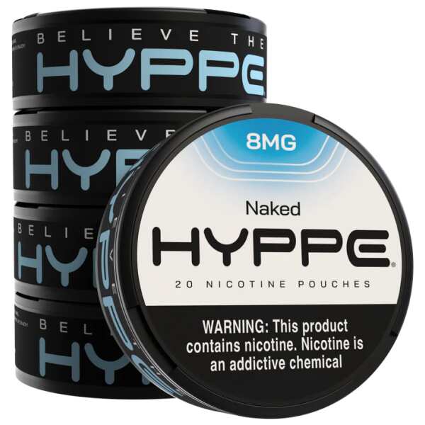Naked Hyppe Nicotine Pouches can with clean minimalist design on white background. 5 Pack by Vape4Less.