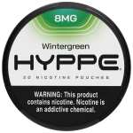 A Wintergreen 8mg Hyppe Nicotine Pouches can with wintergreen mint-themed graphics on white background. by Vape4Less.