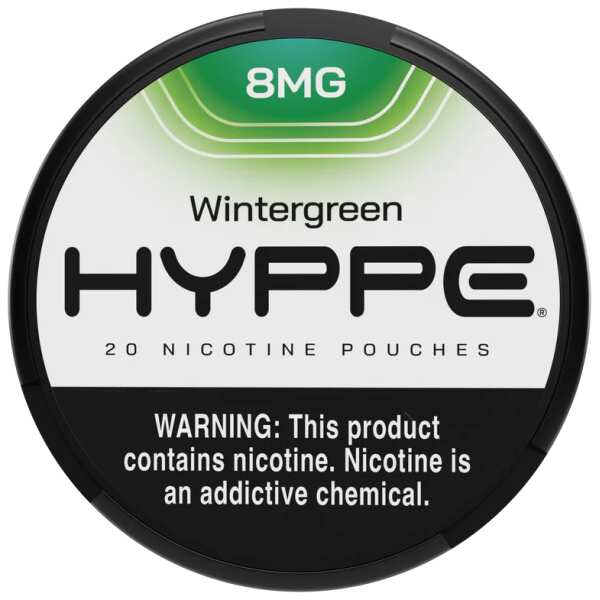 A Wintergreen 8mg Hyppe Nicotine Pouches can with wintergreen mint-themed graphics on white background. by Vape4Less.