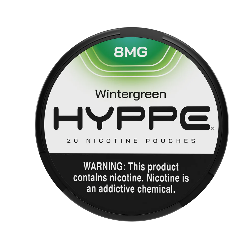 A Wintergreen 8mg Hyppe Nicotine Pouches can with wintergreen mint-themed graphics on white background. by Vape4Less.