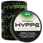 Wintergreen Hyppe Nicotine Pouches can with wintergreen mint-themed graphics on white background. 5 pack by Vape4Less.