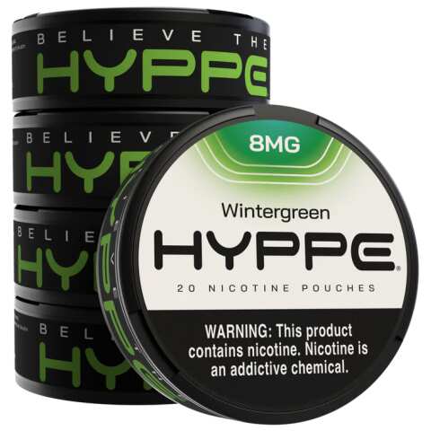 Wintergreen Hyppe Nicotine Pouches can with wintergreen mint-themed graphics on white background. 5 pack by Vape4Less.