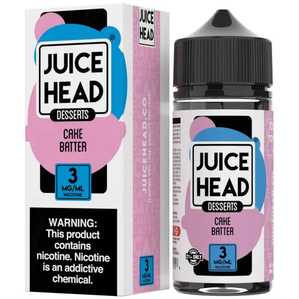 A 100ml bottle of Cake Batter Juice Head e-liquid bottle with vanilla cake batter dessert artwork on the label. by Vape4Less.