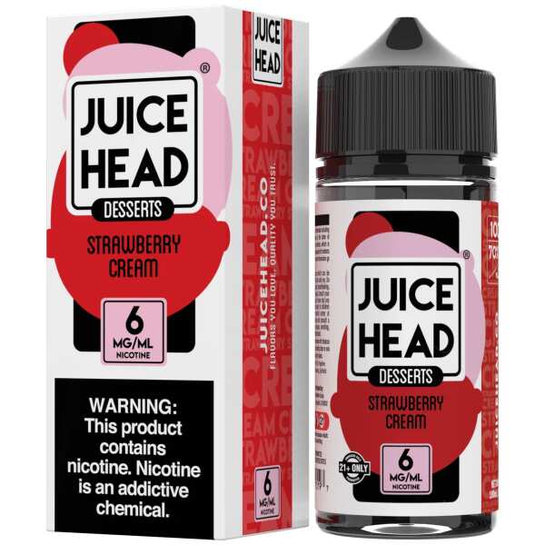 A 100ml bottle of Strawberry Cream Juice Head e-liquid bottle featuring strawberry and creamy dessert artwork on the label. by Vape4Less.