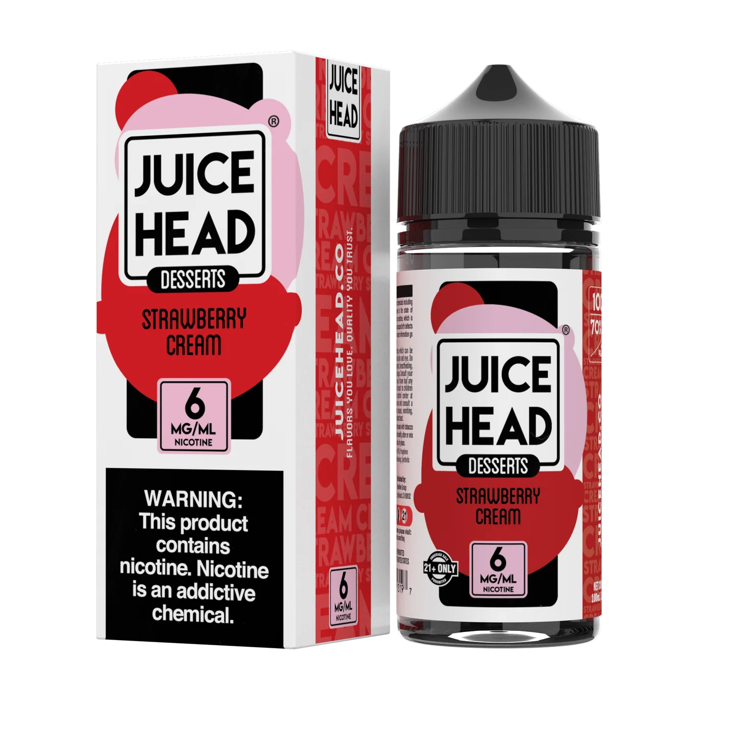 A 100ml bottle of Strawberry Cream Juice Head e-liquid bottle featuring strawberry and creamy dessert artwork on the label. by Vape4Less.