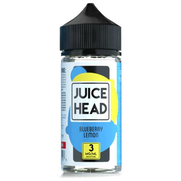 A 100ml bottle of Blueberry Lemon Juice Head e-liquid bottle with blueberry and lemon fruit artwork on the label. by Vape4Less.