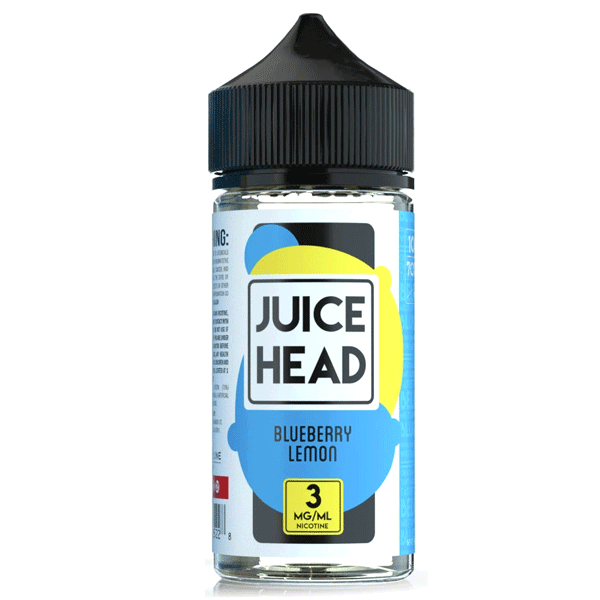 A 100ml bottle of Blueberry Lemon Juice Head e-liquid bottle with blueberry and lemon fruit artwork on the label. by Vape4Less.