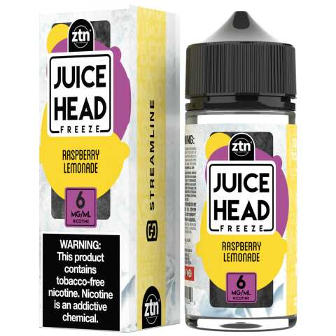 A 100ml bottle of Raspberry Lemonade Juice Head e-liquid bottle featuring raspberry and lemonade citrus artwork on the label. by Vape4Less.