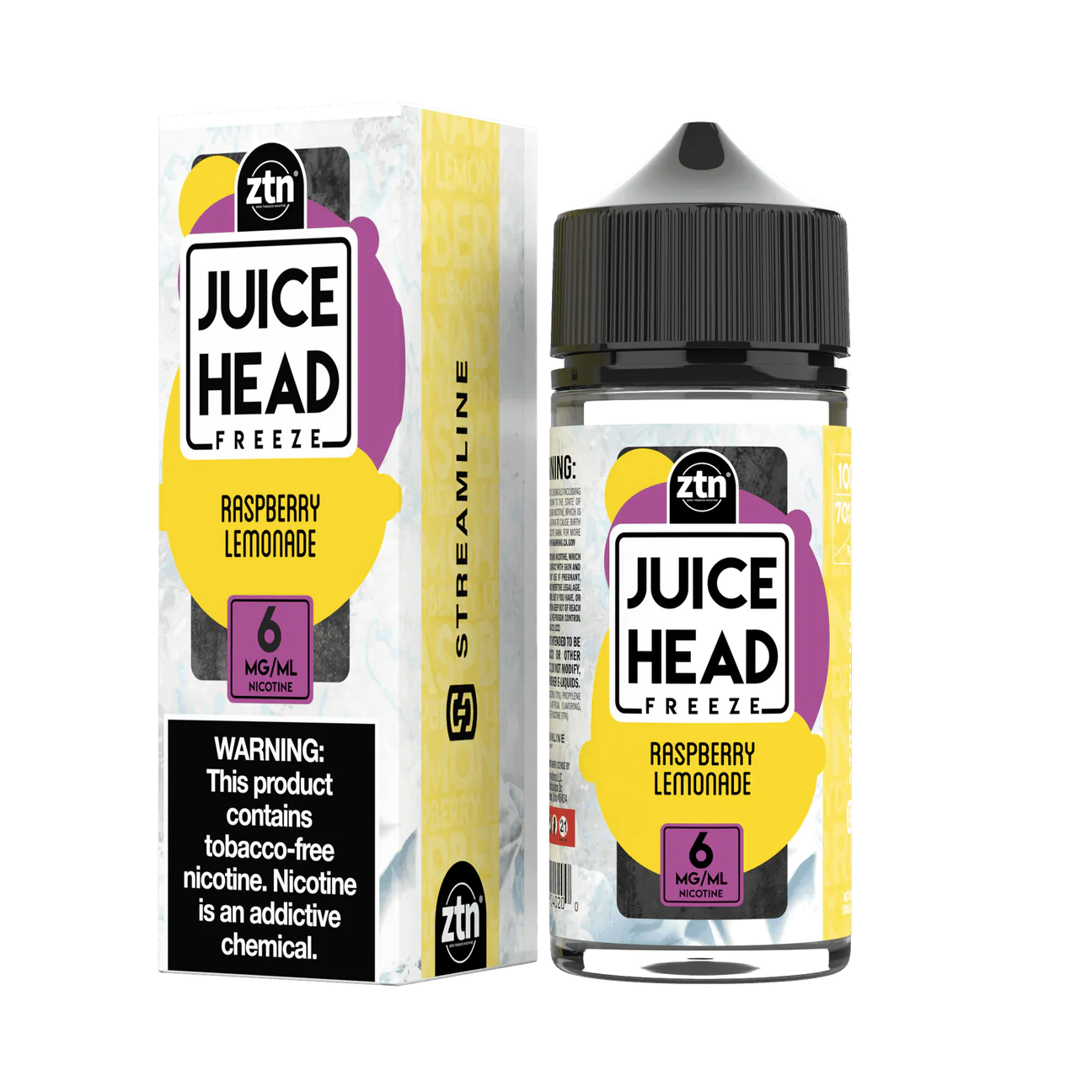 A 100ml bottle of Raspberry Lemonade Juice Head e-liquid bottle featuring raspberry and lemonade citrus artwork on the label. by Vape4Less.