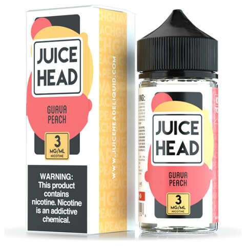 A 100ml bottle of Guava Peach Juice Head e-liquid bottle featuring guava and peach fruit artwork on the label. by Vape4Less.