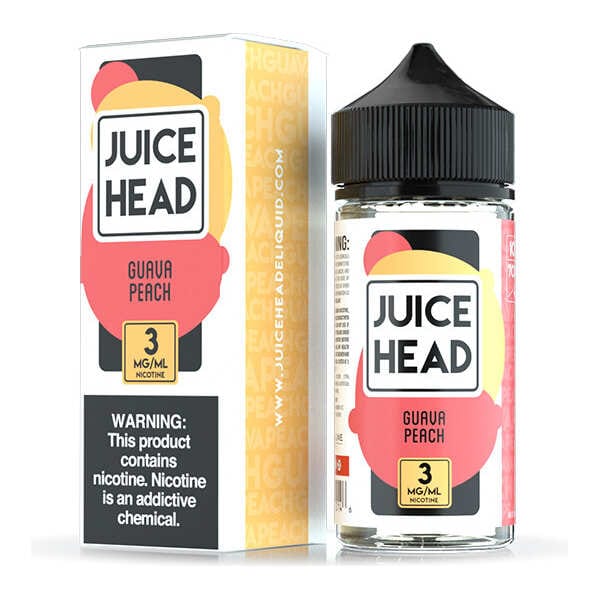 A 100ml bottle of Guava Peach Juice Head e-liquid bottle featuring guava and peach fruit artwork on the label. by Vape4Less.