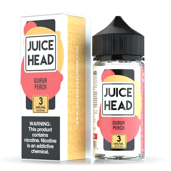 A 100ml bottle of Guava Peach Juice Head e-liquid bottle featuring guava and peach fruit artwork on the label. by Vape4Less.