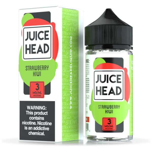 A 100ml bottle of Strawberry Kiwi Juice Head e-liquid bottle featuring strawberry and kiwi fruit artwork on the label. by Vape4Less.