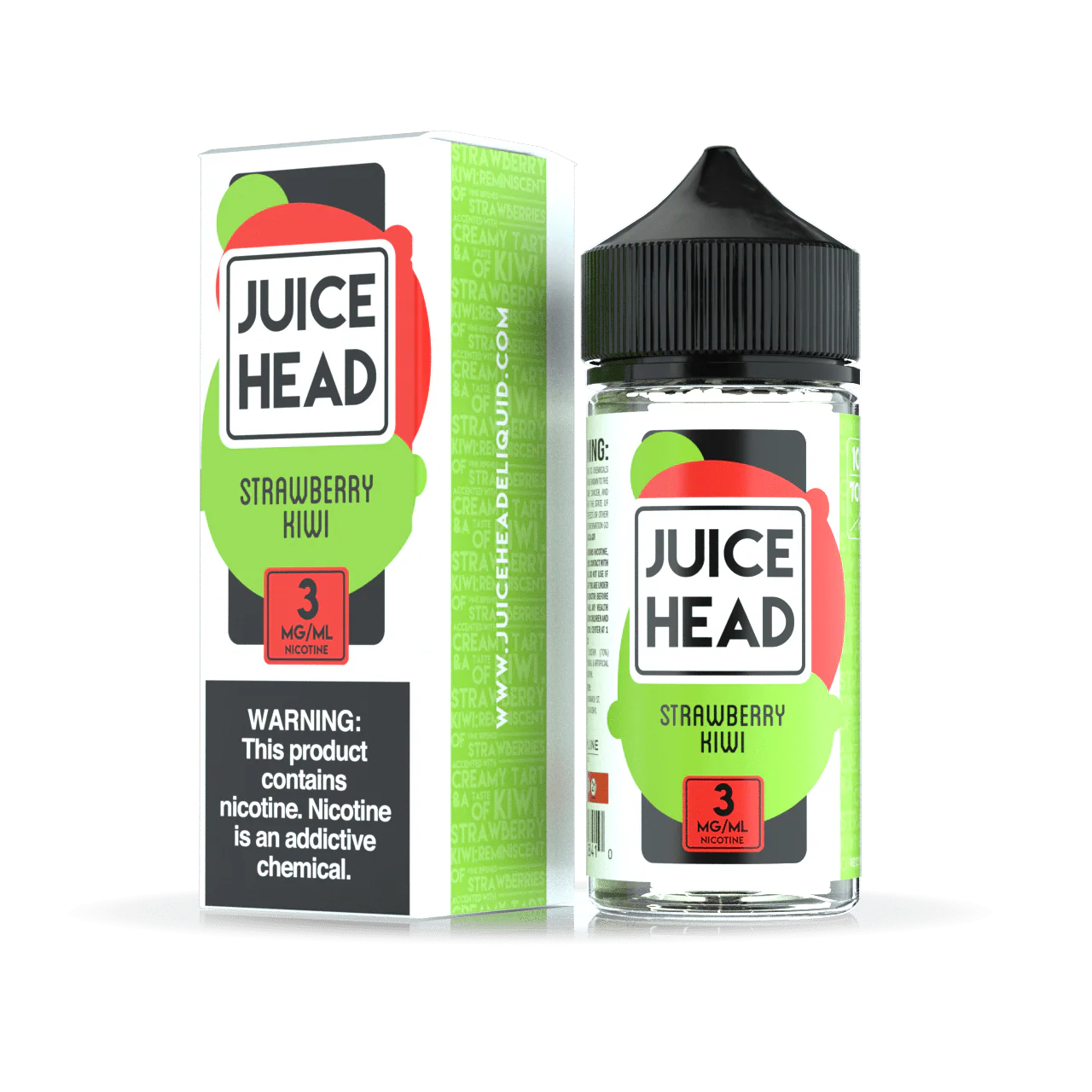A 100ml bottle of Strawberry Kiwi Juice Head e-liquid bottle featuring strawberry and kiwi fruit artwork on the label. by Vape4Less.