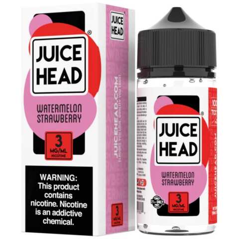 A 100ml bottle of Watermelon Strawberry Juice Head e-liquid bottle featuring watermelon and strawberry fruit artwork on the label. by Vape4Less.