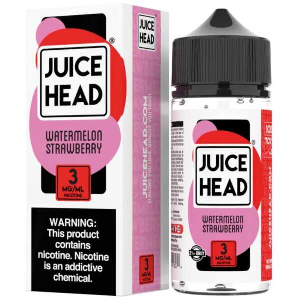 A 100ml bottle of Watermelon Strawberry Juice Head e-liquid bottle featuring watermelon and strawberry fruit artwork on the label. by Vape4Less.