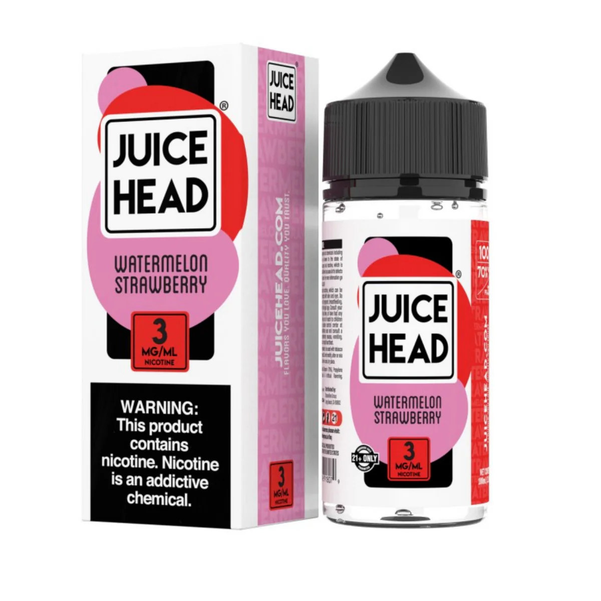 A 100ml bottle of Watermelon Strawberry Juice Head e-liquid bottle featuring watermelon and strawberry fruit artwork on the label. by Vape4Less.