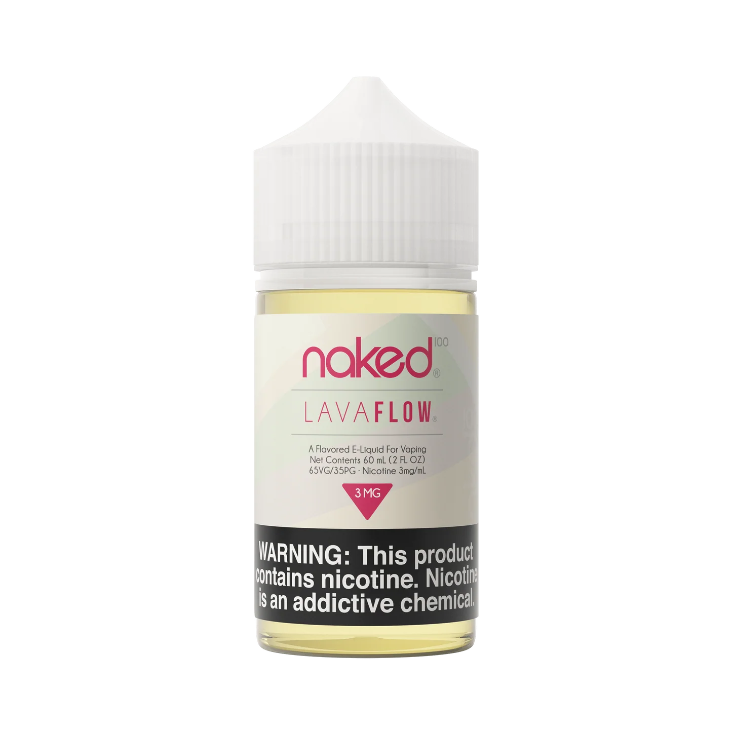 Naked100_Domestic_LavaFlow_3mg_60mL_1445x A 60ml bottle of Lava Flow Naked 100 60mL e-liquid bottle by Vape4Less.