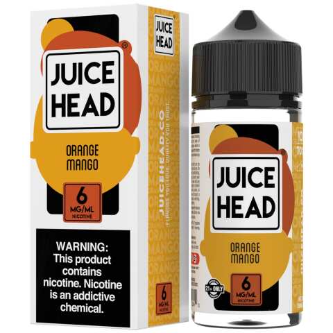 A 100ml bottle of Orange Mango Juice Head e-liquid bottle featuring orange and mango fruit artwork on the label. by Vape4Less.