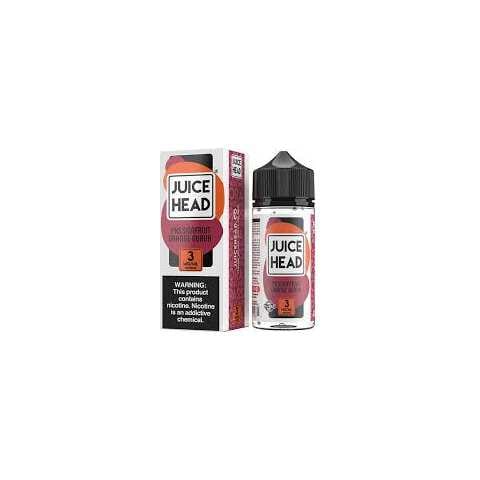 A 100ml bottle of Passionfruit Orange Guava Juice Head e-liquid bottle featuring passionfruit, orange, and guava fruit artwork on the label. by Vape4Less.