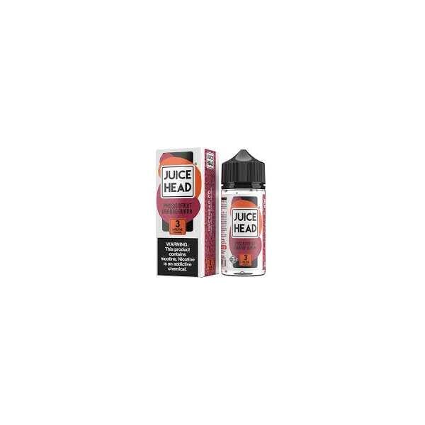 A 100ml bottle of Passionfruit Orange Guava Juice Head e-liquid bottle featuring passionfruit, orange, and guava fruit artwork on the label. by Vape4Less.