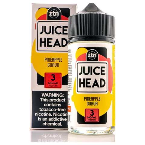 A 100ml bottle of Pineapple Guava Juice Head e-liquid bottle featuring pineapple and guava fruit artwork on the label. by Vape4Less.
