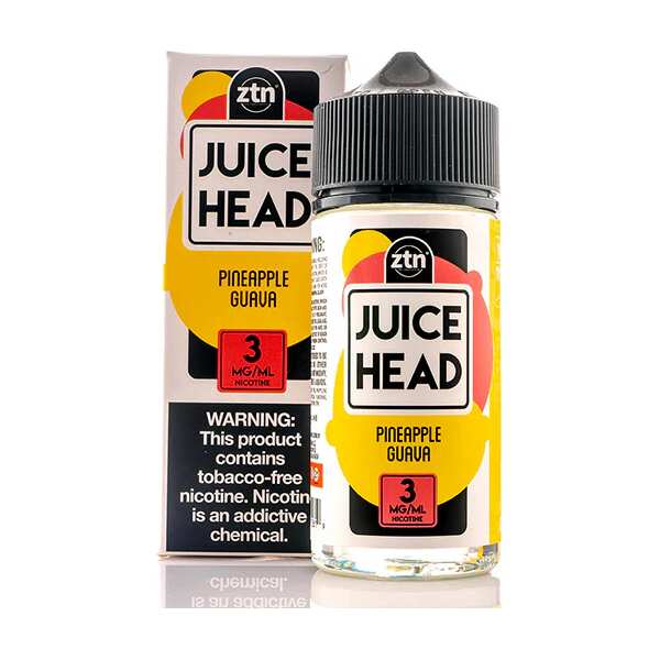 A 100ml bottle of Pineapple Guava Juice Head e-liquid bottle featuring pineapple and guava fruit artwork on the label. by Vape4Less.