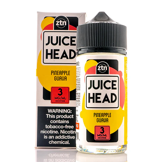 A 100ml bottle of Pineapple Guava Juice Head e-liquid bottle featuring pineapple and guava fruit artwork on the label. by Vape4Less.