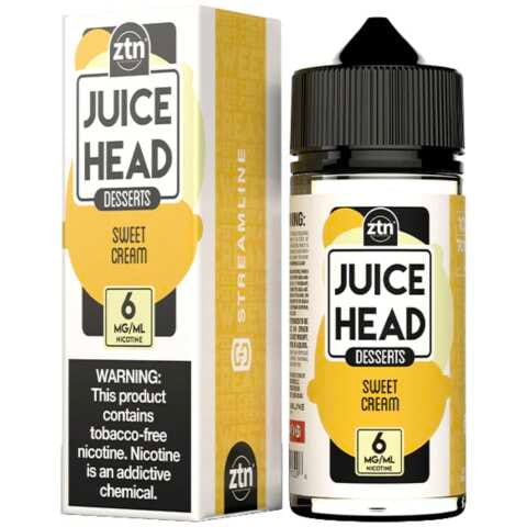 A 100ml bottle of Sweet Cream Juice Head e-liquid bottle featuring creamy vanilla-themed label artwork. by Vape4Less.