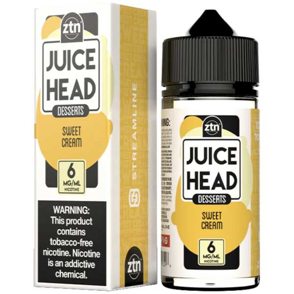 A 100ml bottle of Sweet Cream Juice Head e-liquid bottle featuring creamy vanilla-themed label artwork. by Vape4Less.