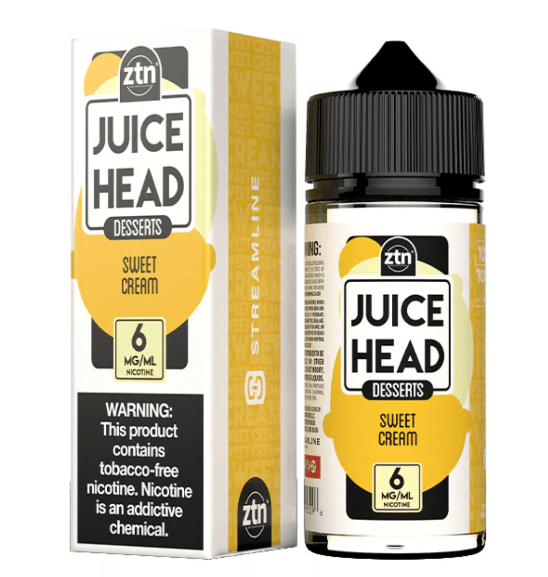 A 100ml bottle of Sweet Cream Juice Head e-liquid bottle featuring creamy vanilla-themed label artwork. by Vape4Less.