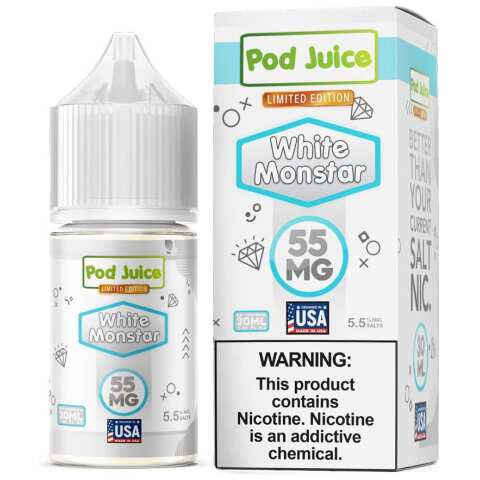 A 30ml bottle of White Monstar Pod Juice e-liquid bottle featuring clean white branding and citrus-inspired label design. by Vape4Less.