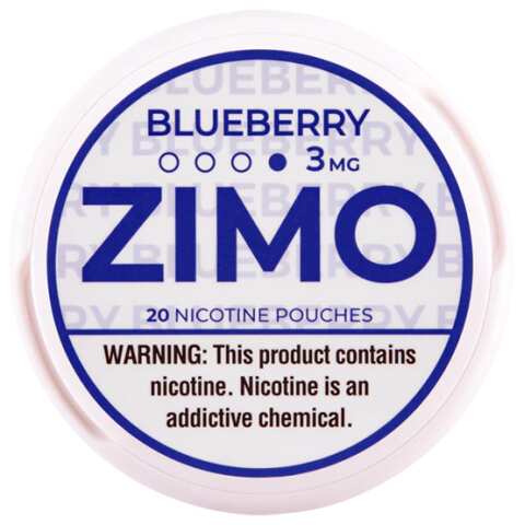A Blueberry ZIMO Nicotine Pouches can featuring blueberry-themed branding and modern, colorful design. by Vape4Less.