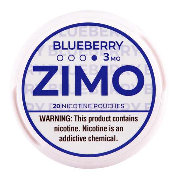 A Blueberry ZIMO Nicotine Pouches can featuring blueberry-themed branding and modern, colorful design. by Vape4Less.