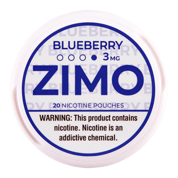 A Blueberry ZIMO Nicotine Pouches can featuring blueberry-themed branding and modern, colorful design. by Vape4Less.