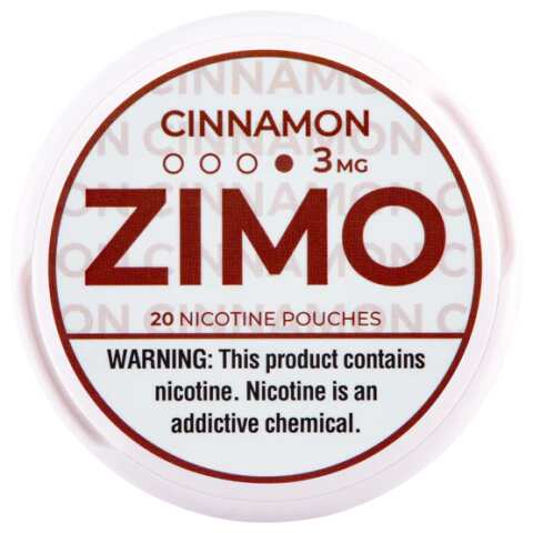 A Cinnamon ZIMO Nicotine Pouches can featuring red cinnamon-themed branding and modern design. by Vape4Less.