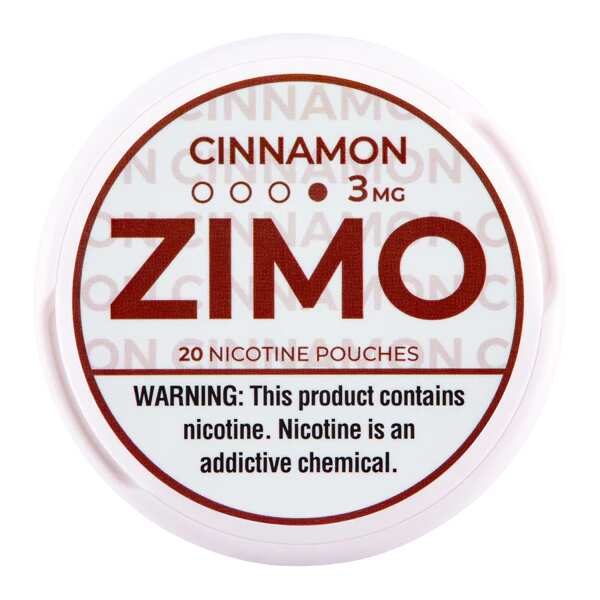 A Cinnamon ZIMO Nicotine Pouches can featuring red cinnamon-themed branding and modern design. by Vape4Less.