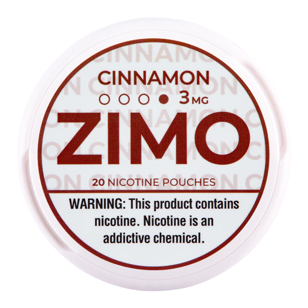 A Cinnamon ZIMO Nicotine Pouches can featuring red cinnamon-themed branding and modern design. by Vape4Less.