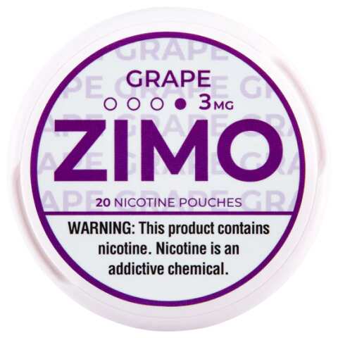 A Grape ZIMO Nicotine Pouches can featuring purple grape-themed branding and modern design. by Vape4Less.