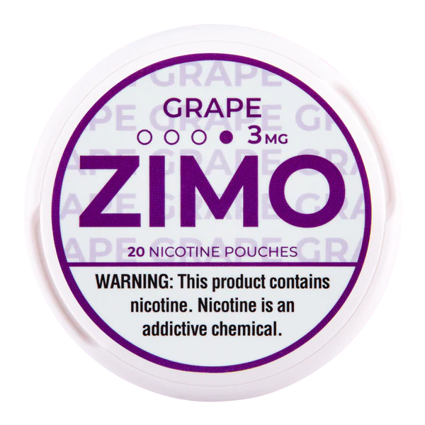 A Grape ZIMO Nicotine Pouches can featuring purple grape-themed branding and modern design. by Vape4Less.