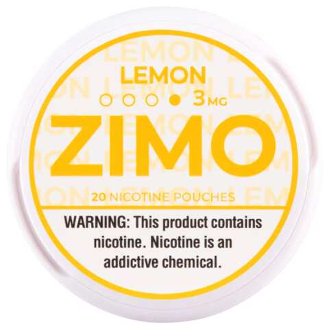 A Lemon ZIMO Nicotine Pouches can featuring yellow lemon-themed branding and a modern, clean design. by Vape4Less.