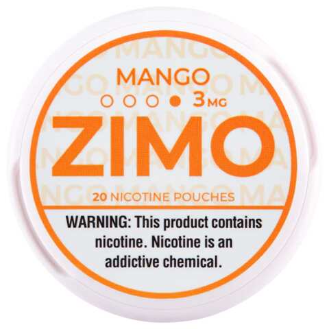 A Mango ZIMO Nicotine Pouches can featuring tropical mango-themed branding and modern design. by Vape4Less.