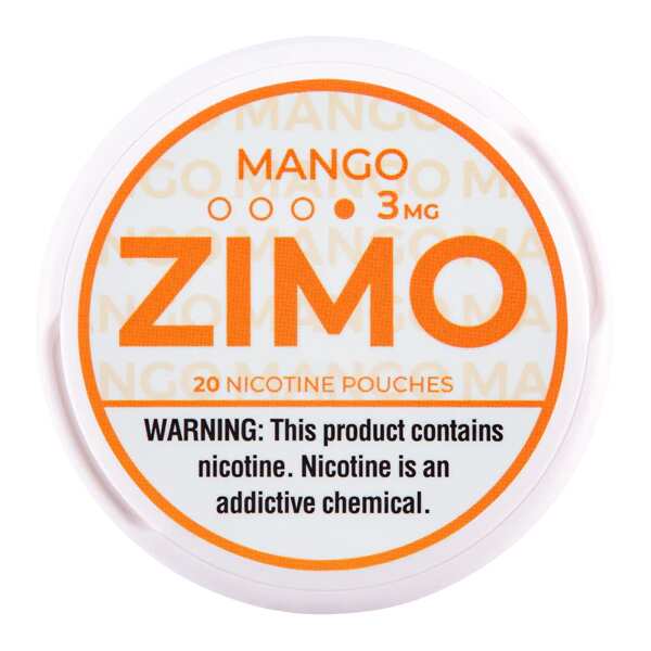 A Mango ZIMO Nicotine Pouches can featuring tropical mango-themed branding and modern design. by Vape4Less.