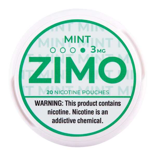 A Mint ZIMO Nicotine Pouches can featuring fresh mint-themed branding and a modern, minimal design. by Vape4Less.
