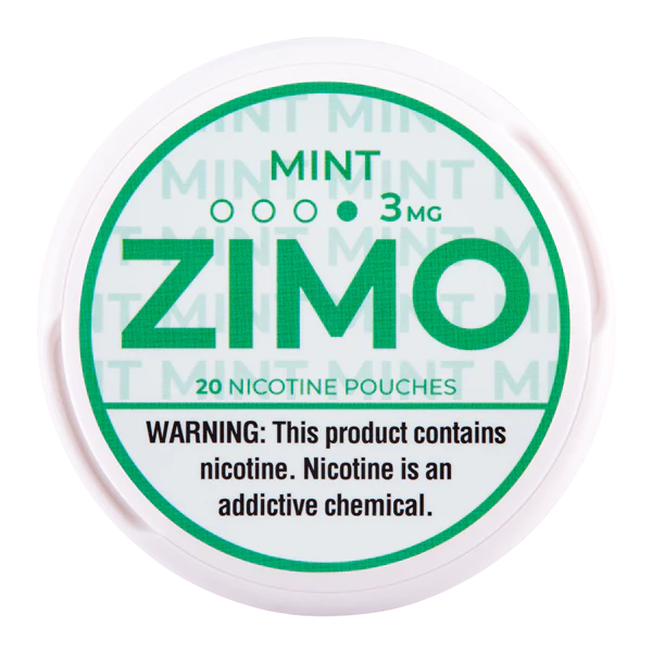 A Mint ZIMO Nicotine Pouches can featuring fresh mint-themed branding and a modern, minimal design. by Vape4Less.